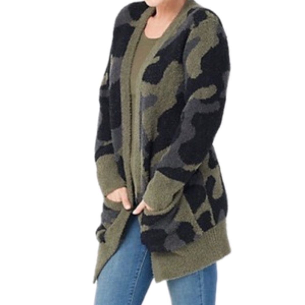 Barefoot Dreams Camouflage Cardigan - Black and Green